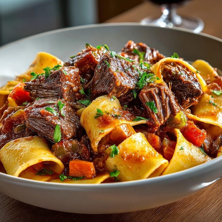 Close-up of Short Rib Pasta: perfectly sauced pappardelle with braised short ribs and bone marrow.