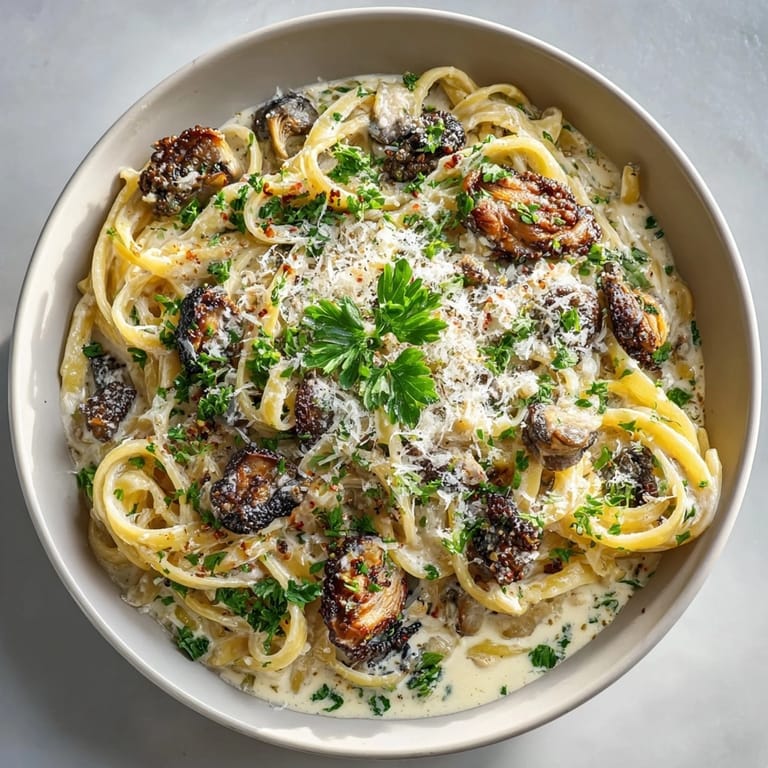 A comforting bowl of Morel Mushroom Fettuccine, showcasing tender mushrooms and fragrant truffle oil.