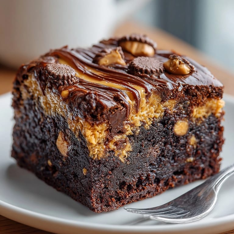 Freshly baked peanut butter cup brownies cooling in pan, fudgy centers and melty chocolate glistening