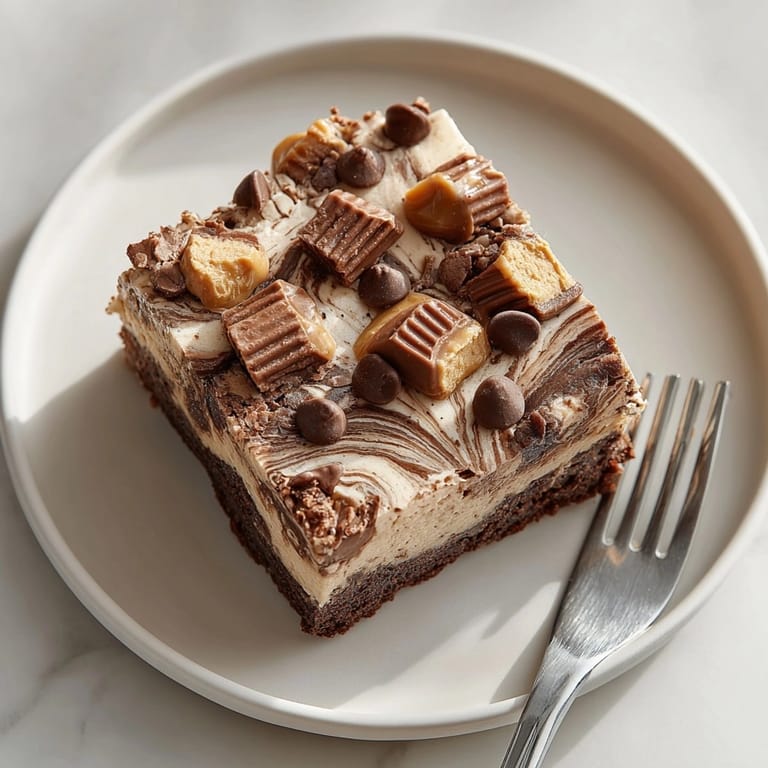 A stack of rich peanut butter cup brownies, served with vanilla ice cream for dessert
