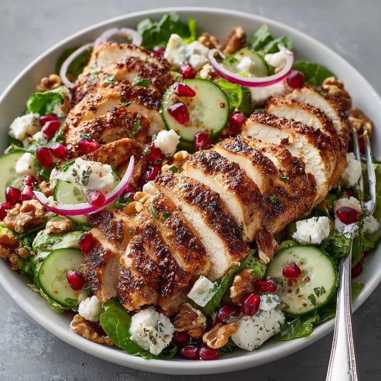 Colorful Pomegranate Walnut Chicken Salad tossed in tangy dressing, ready to serve for a light lunch.