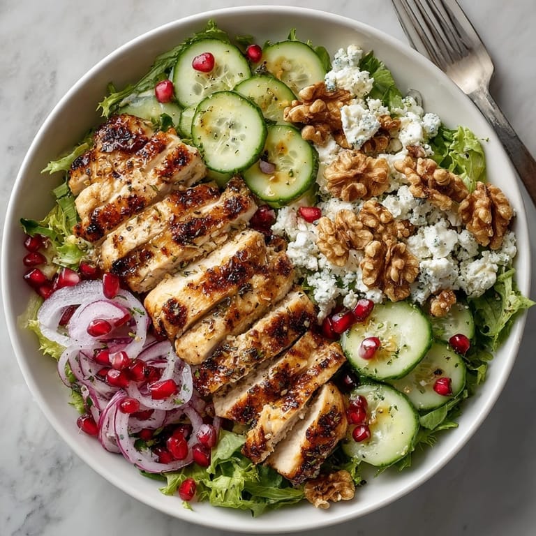 Fresh Pomegranate Walnut Chicken Salad with toasted walnuts and feta, perfect for a summer picnic meal.