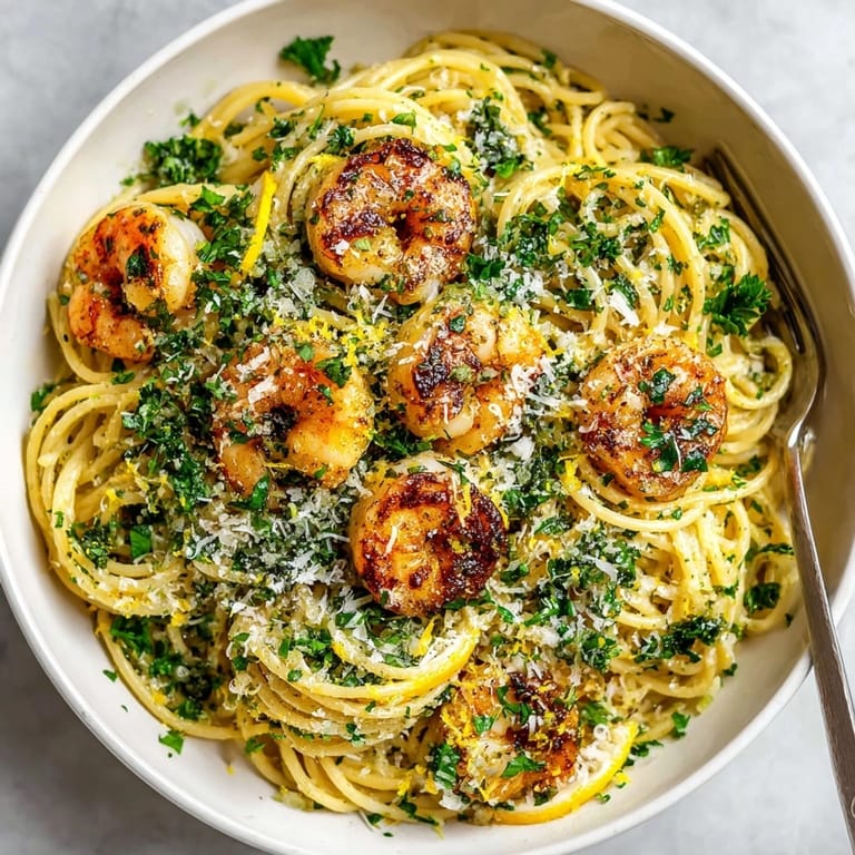 Steaming Garlic Butter Shrimp Pasta with Fresh Herbs, sprinkled with Parmesan, ready for serving.