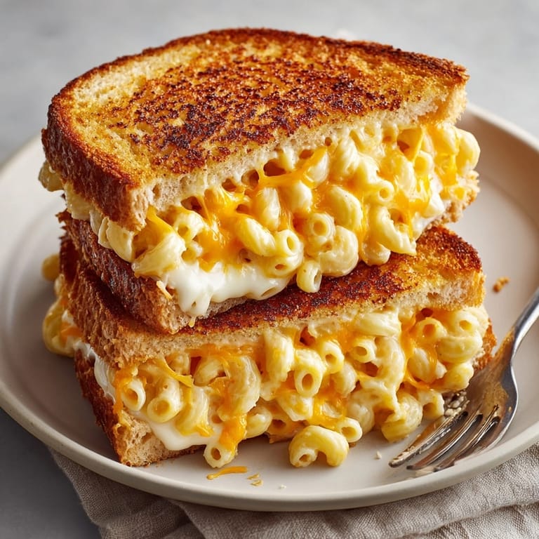 Hearty Mac and Cheese Stuffed Grilled Cheese Sandwich served hot with melted cheddar and buttery, toasted bread.