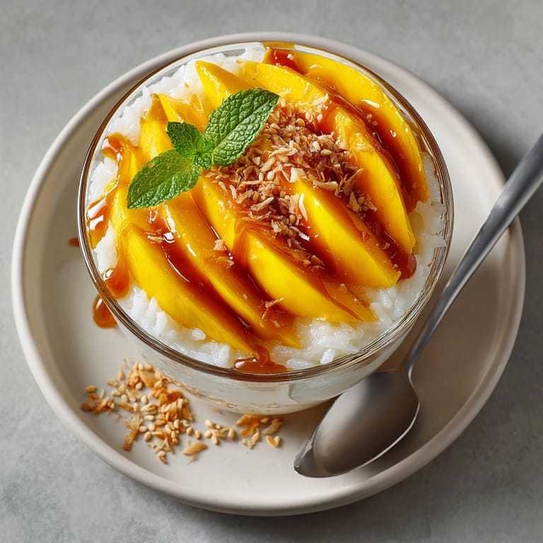 Thai Mango Sticky Rice Cups served in clear bowls, topped with toasted sesame seeds and mint.