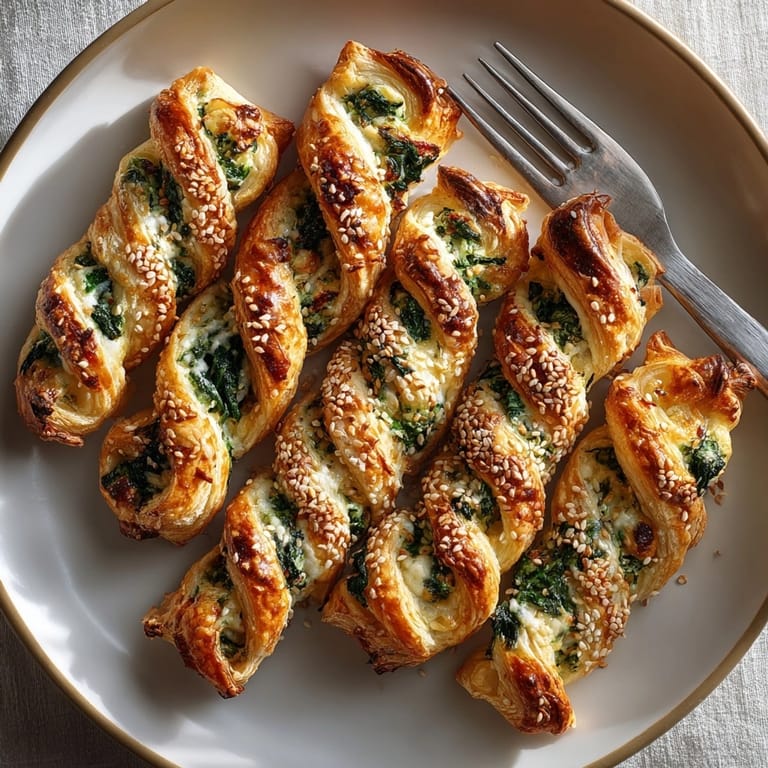 Appetizer spread featuring ricotta and spinach puff pastry twists, sprinkled with sesame seeds for crunch.
