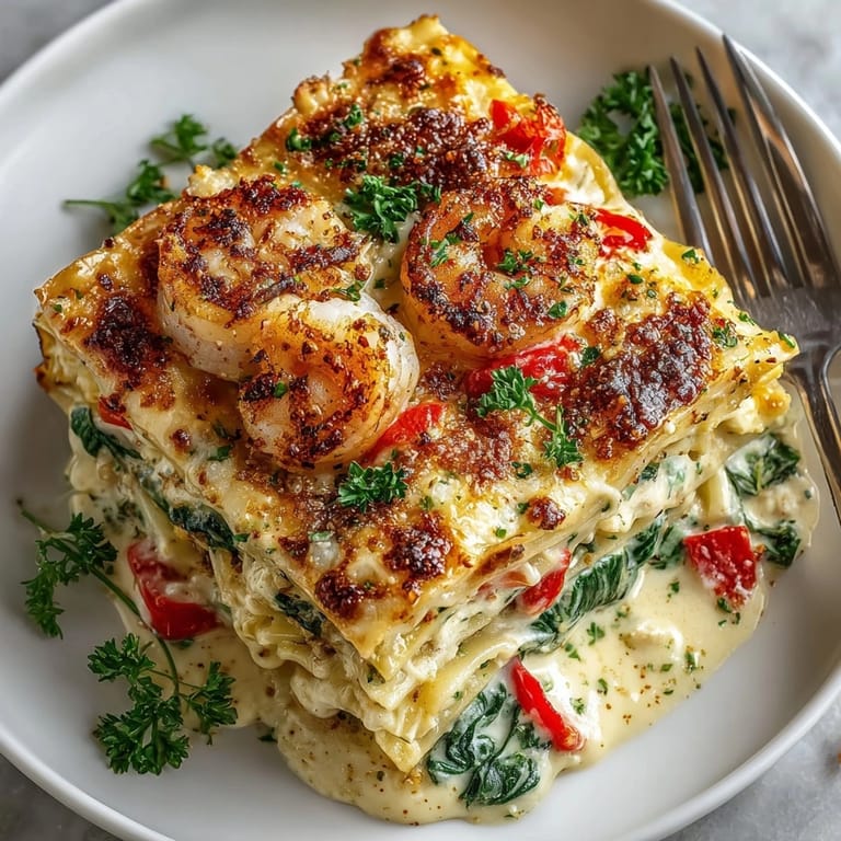 Baked Cajun Shrimp Alfredo Lasagna in a casserole dish, steaming hot and ready to serve for dinner