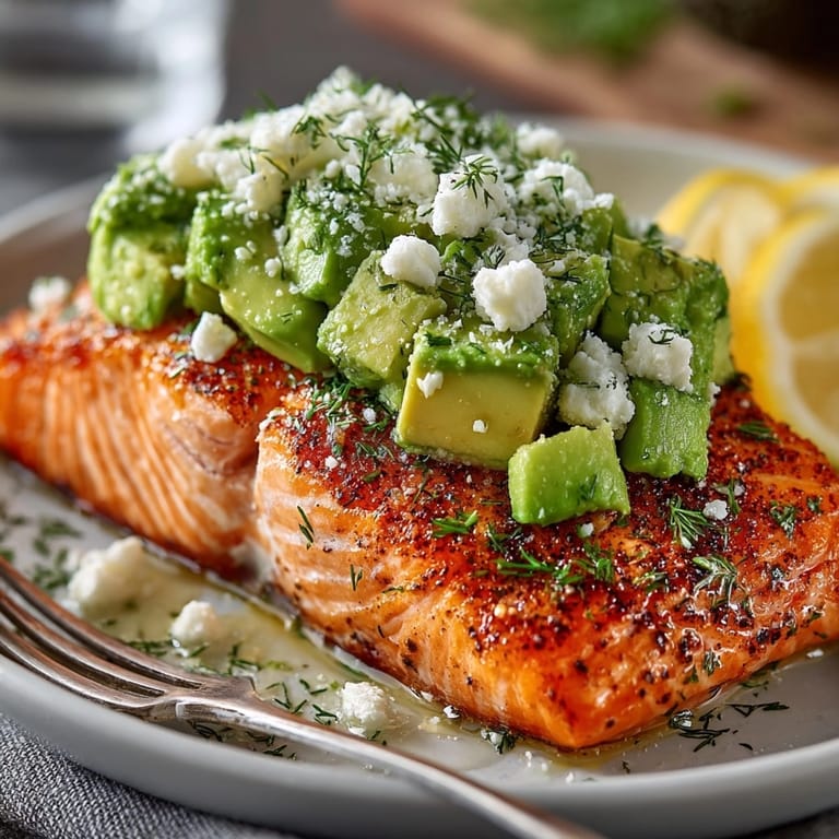 Juicy baked salmon topped with creamy avocado-feta mixture, ready for a healthy dinner.
