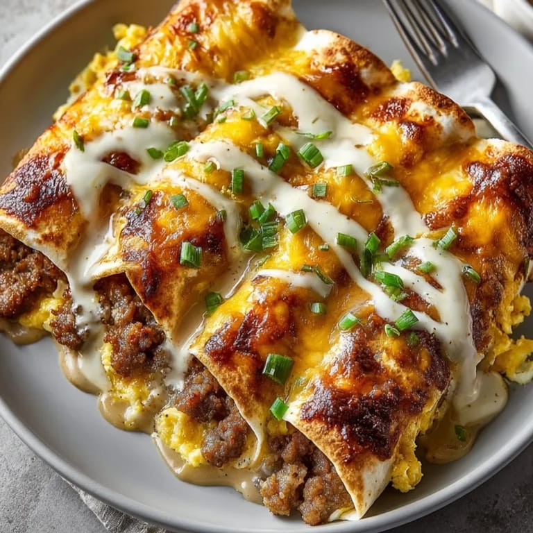Golden-baked Southern breakfast enchiladas smothered in creamy sausage gravy, ready for brunch.