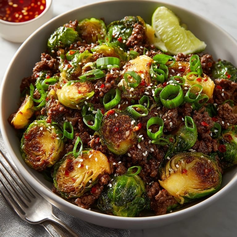 Sweet chili ground beef and brussels sprouts served over fluffy white rice for dinner.