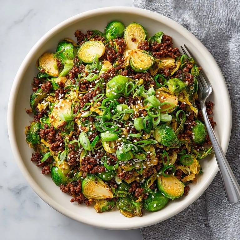 Caramelized brussels sprouts mixed with savory ground beef, garnished with sesame seeds.