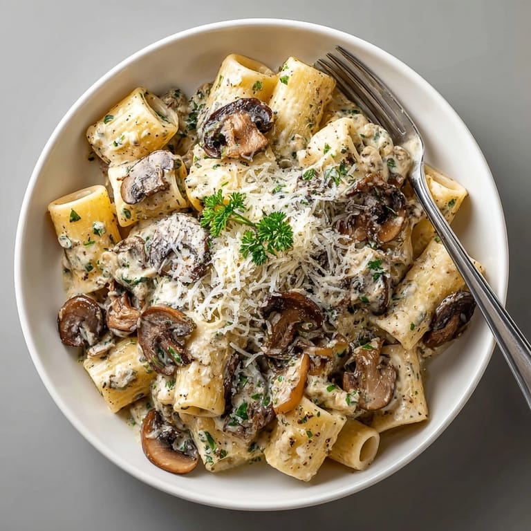 Silky gorgonzola truffle cream sauce with mushrooms, perfect for topping fettuccine or gnocchi.