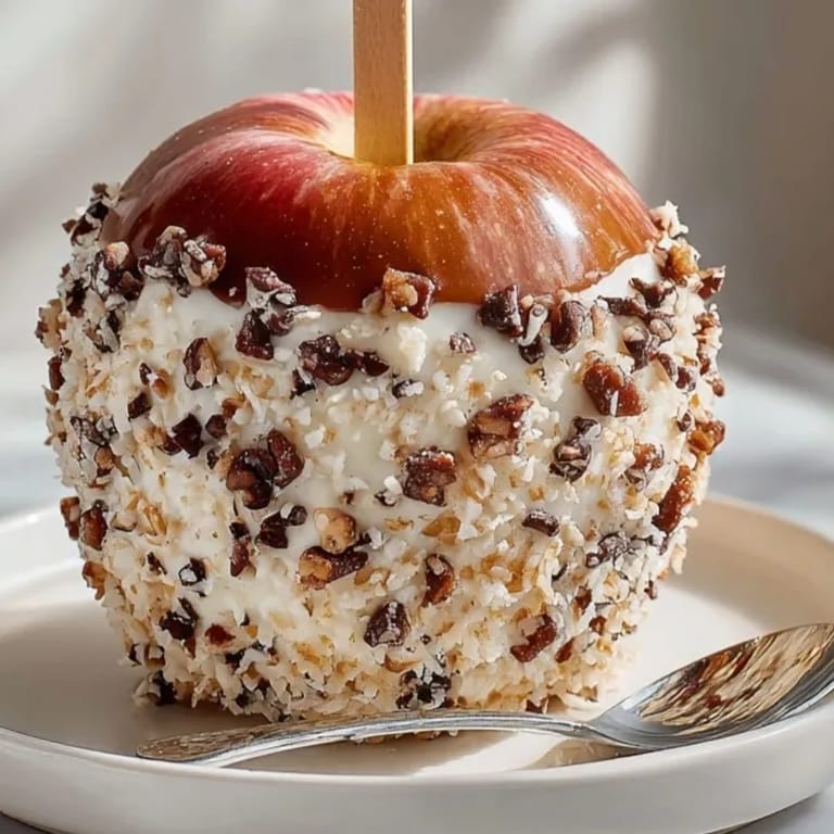 Golden, homemade vegan caramel apples dipped and sprinkled with nutty toppings, a sweet treat.