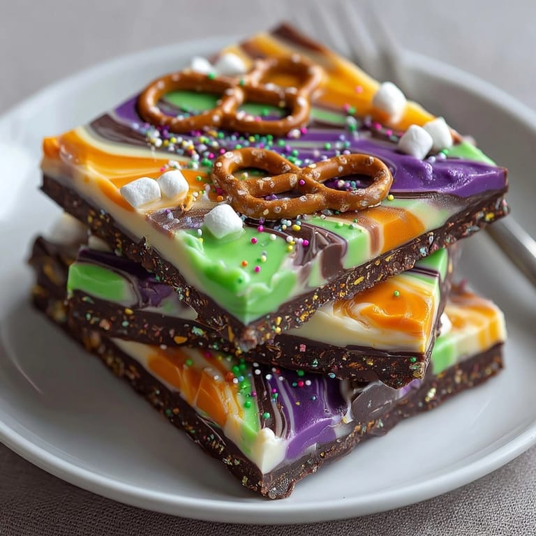 Overhead shot of festive Melted Witch Chocolate Bark, drizzled and sprinkled, ready to break.