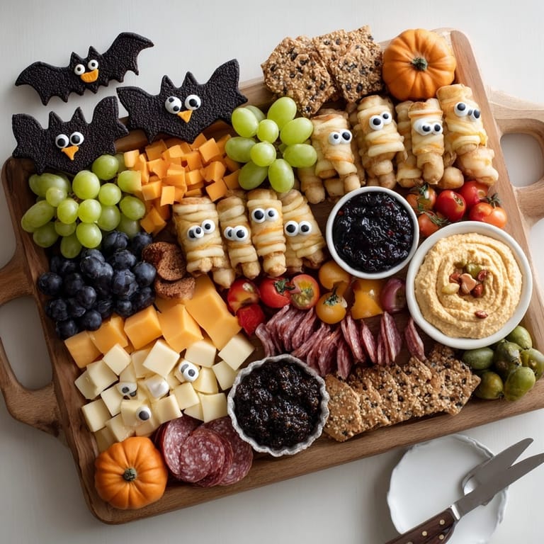 Festive Halloween Charcuterie Snack Board featuring themed cheeses, creepy meats, and sweet surprises.