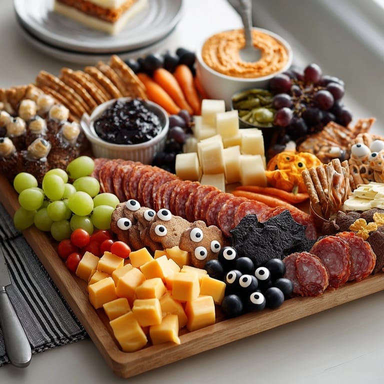 Imagine this Halloween Charcuterie Snack Board: Cheeses, meats, and treats, ready to enjoy!