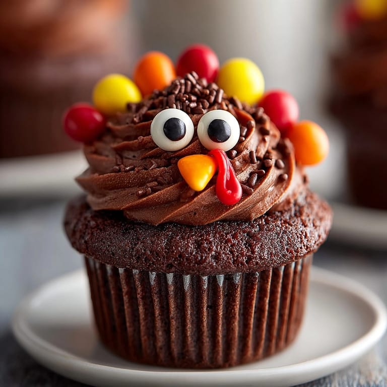 Homemade Turkey Cupcakes are deliciously moist, featuring candy eyes and a charming chocolate buttercream.