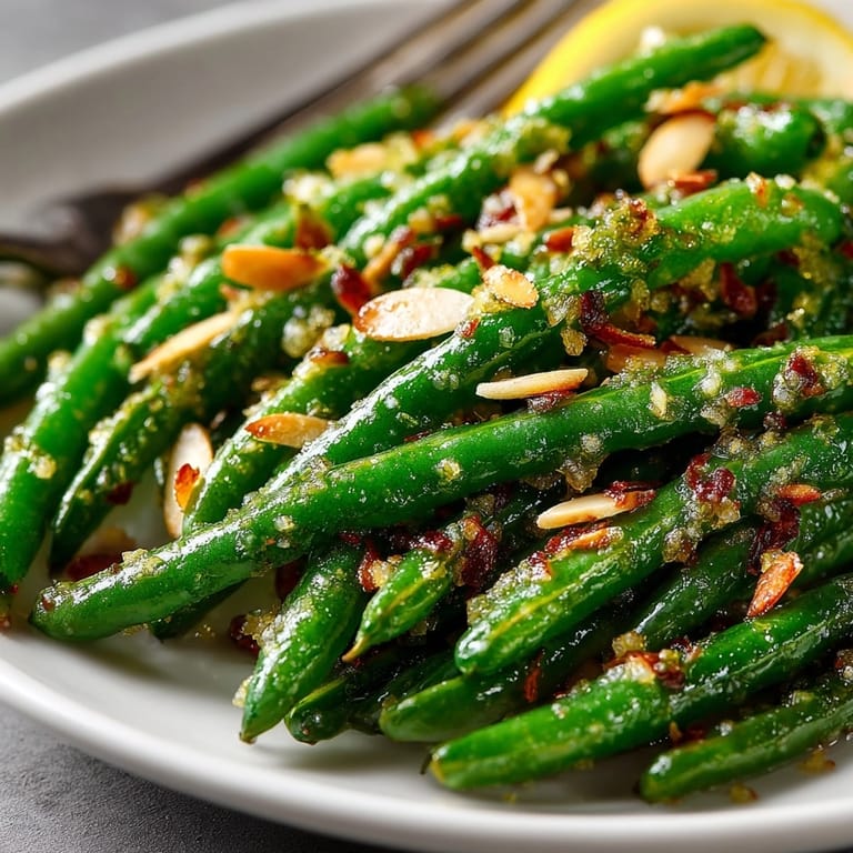 Homemade Garlic Green Bean Almondine recipe: Easy side dish with garlic, lemon, almonds.