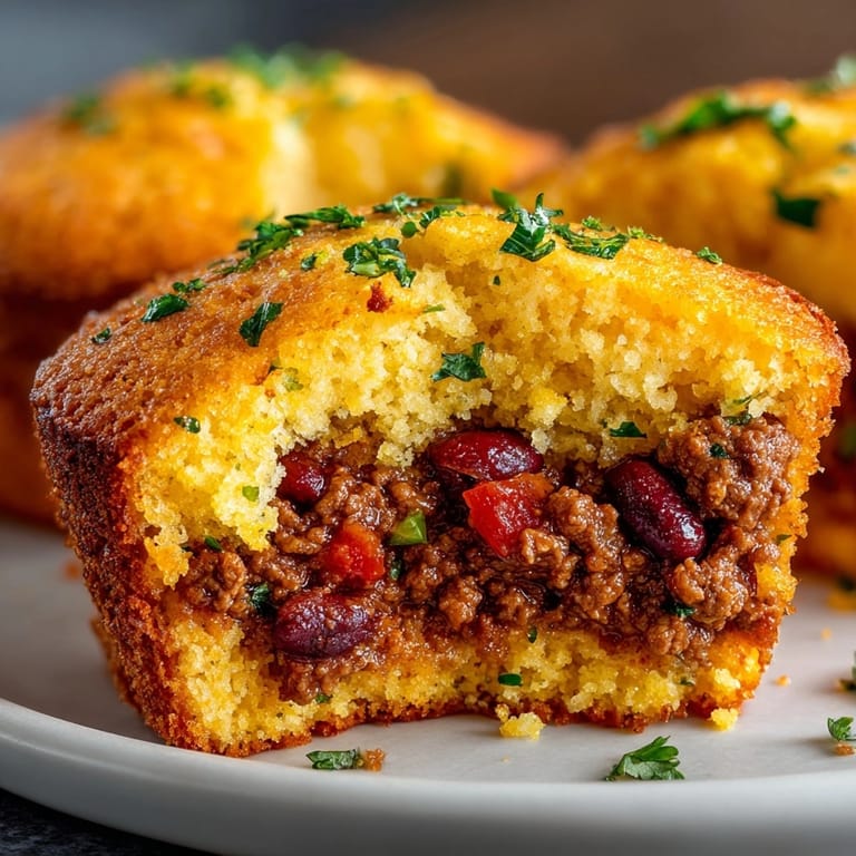 Melted cheese tops dense Chili-Stuffed Cornbread Muffins, a game day appetizer crowd-pleaser.