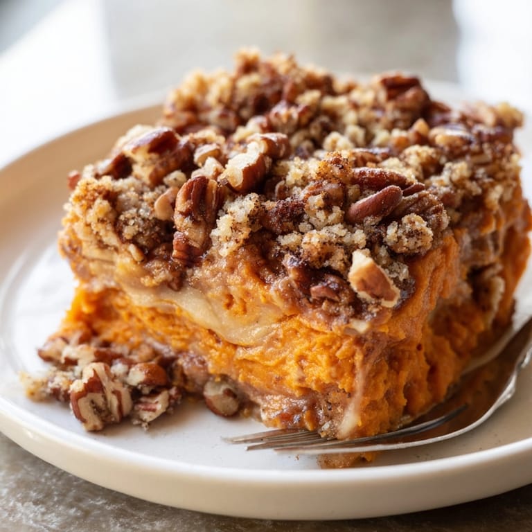 Warm, bubbling Bourbon Sweet Potato Casserole in a baking dish, ready for Thanksgiving dinner.