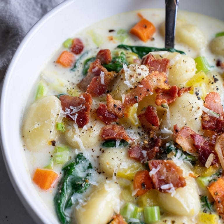 Golden Creamy Gnocchi Soup with Bacon, garnished with Parmesan, ready to be served.