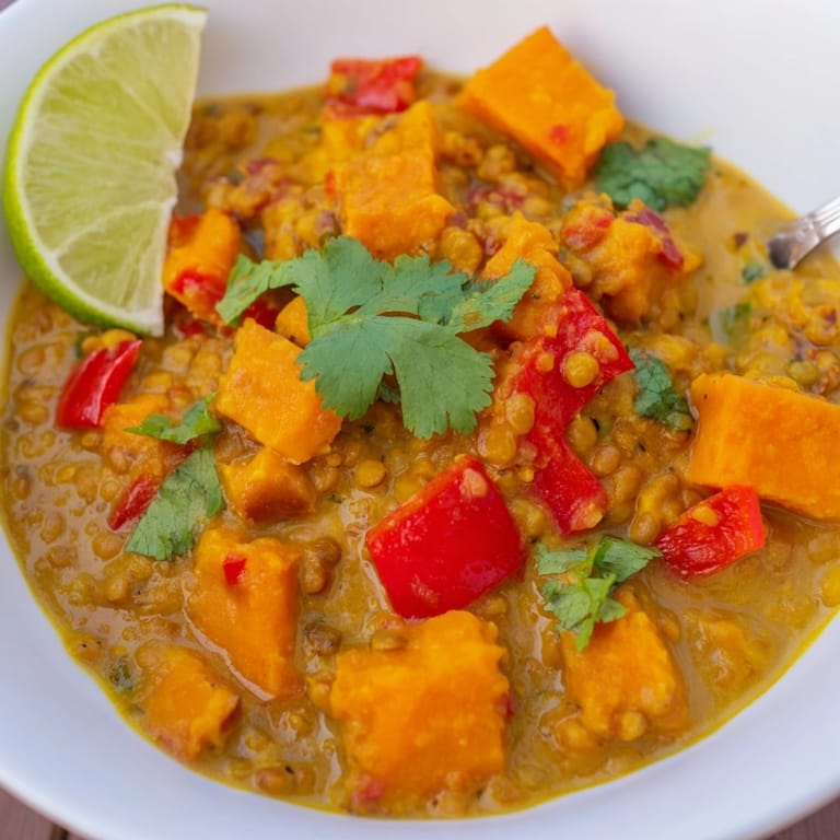 Homemade Sweet Potato Lentil Curry, a comforting vegan meal, served with lime wedges.
