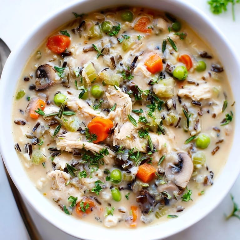 Close-up of rich Creamy Wild Rice Chicken Soup with fresh parsley garnish, ready to savor.
