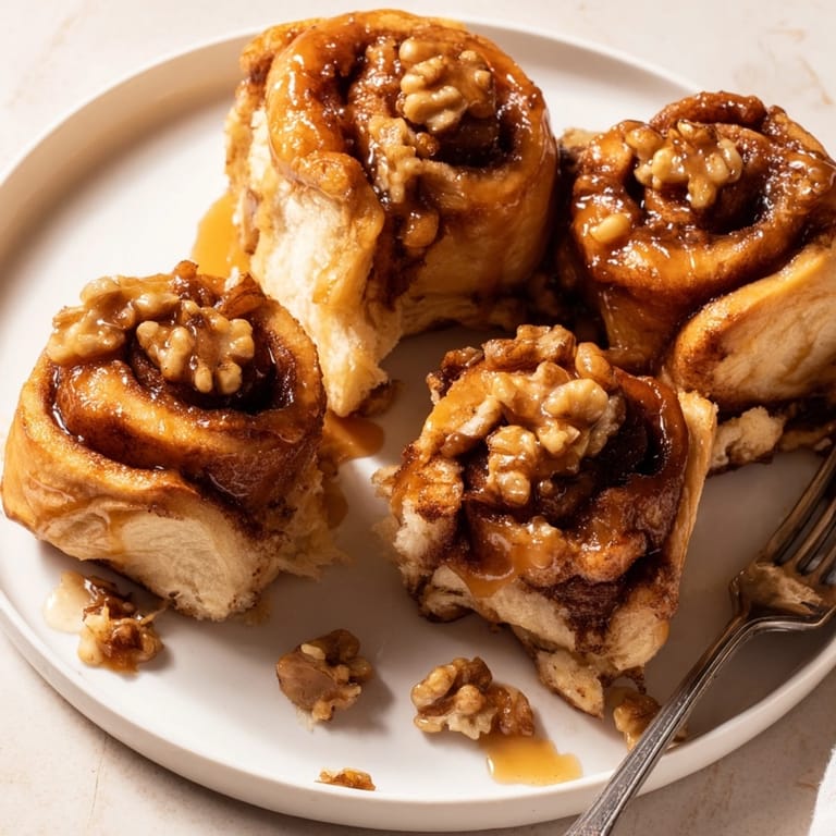 Warm, gooey Cinnamon Maple Walnut Sticky Buns with crunchy walnuts ready to be enjoyed.