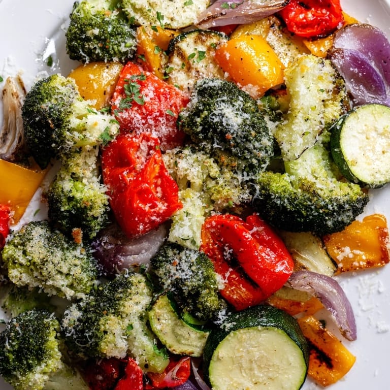 Savory Garlic Parmesan Roasted Veggies: A colorful medley of tender, cheesy vegetables.