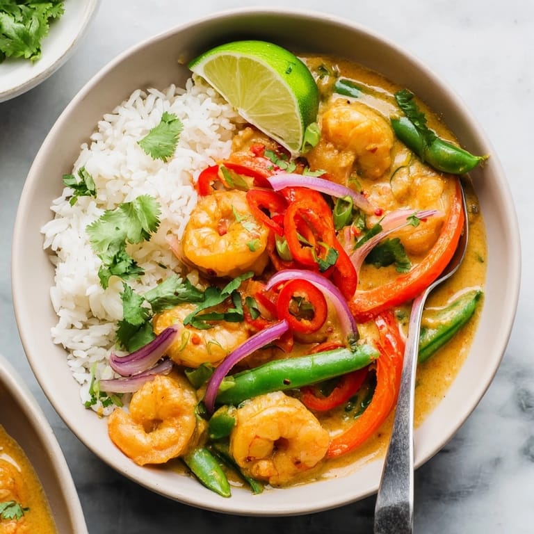 Close-up of creamy Shrimp Coconut Curry Bowl, showing succulent shrimp and vibrant veggies.