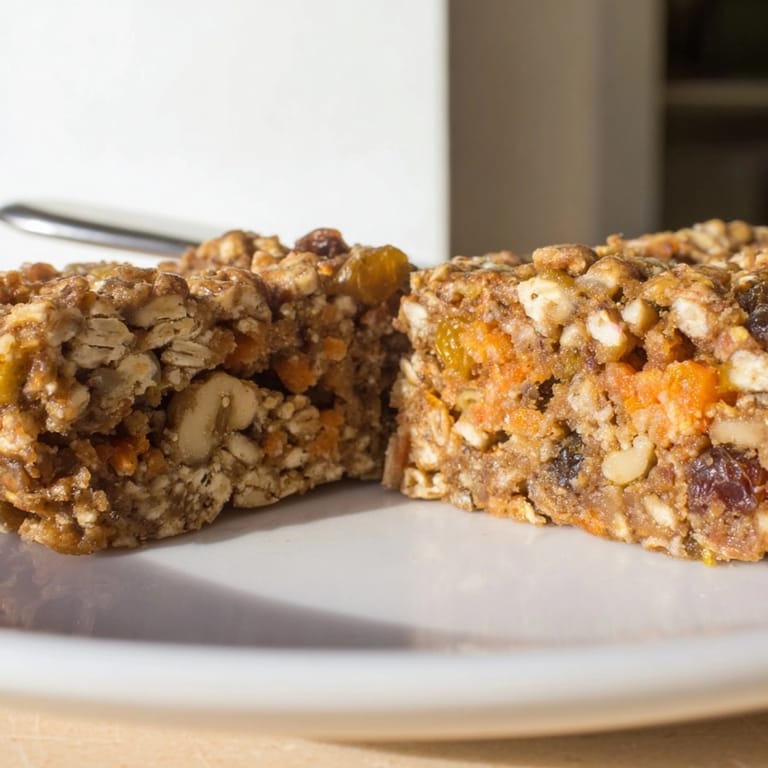 Top-down view of freshly baked Protein Carrot Cake Oat Bars in pan, ready to slice.