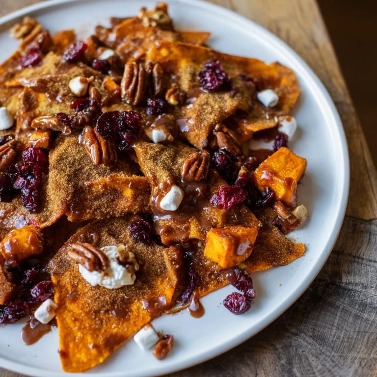 Festive dessert nachos with roasted sweet potatoes and cranberry toppings for holidays.  