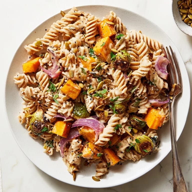 Close-up of Miso Pasta Salad, showcasing roasted vegetables and a drizzle of miso sauce.