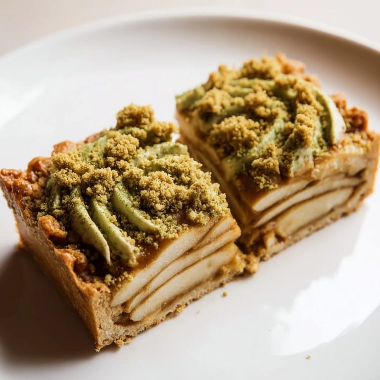 Golden-brown matcha caramel apple bars with a rich caramel layer and crunchy topping.