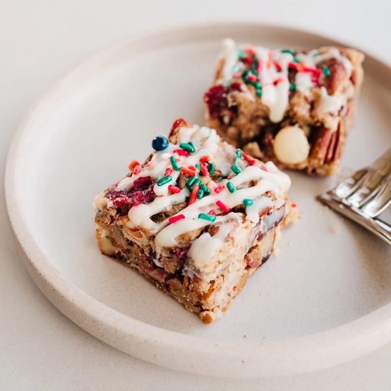Colorful Festive Christmas Cookie Pie Bars with melted white chocolate and festive toppings displayed.