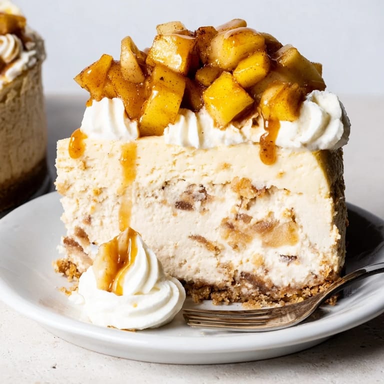 Creamy cheesecake infused with bourbon and layered spiced apples atop a graham crust.  
