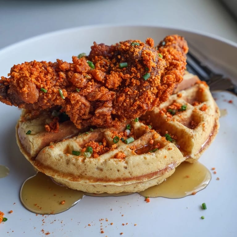 Flavorful Flaming Hot Chicken Biscuit Waffles topped with sweet honey and fresh chives.