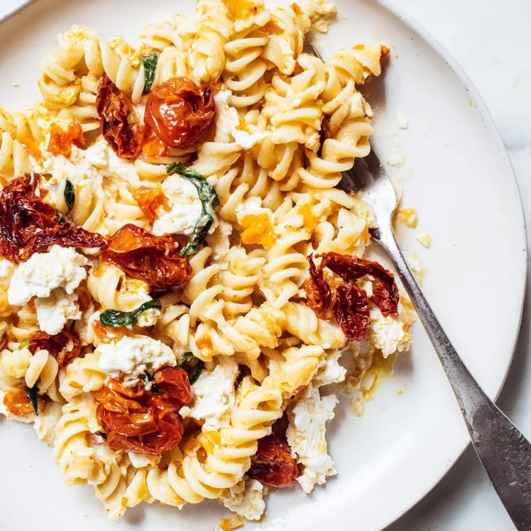 Rich and tangy Baked Feta Pasta drizzled with olive oil and fresh basil.  