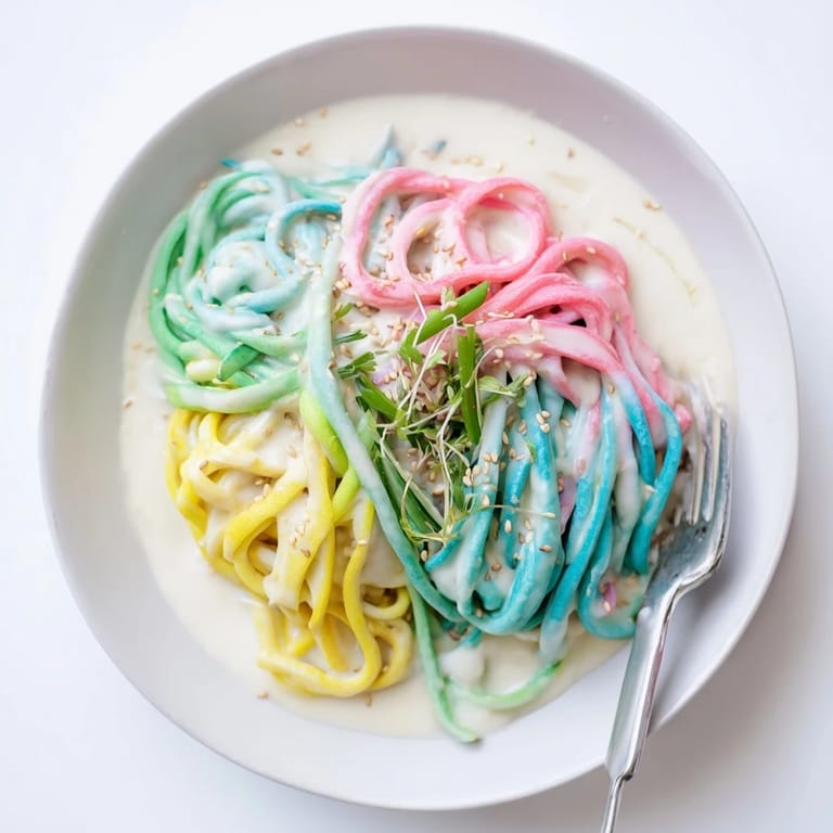 Whimsical Neon Noodle Cloud recipe features bright noodles and cloud-like creamy goodness.