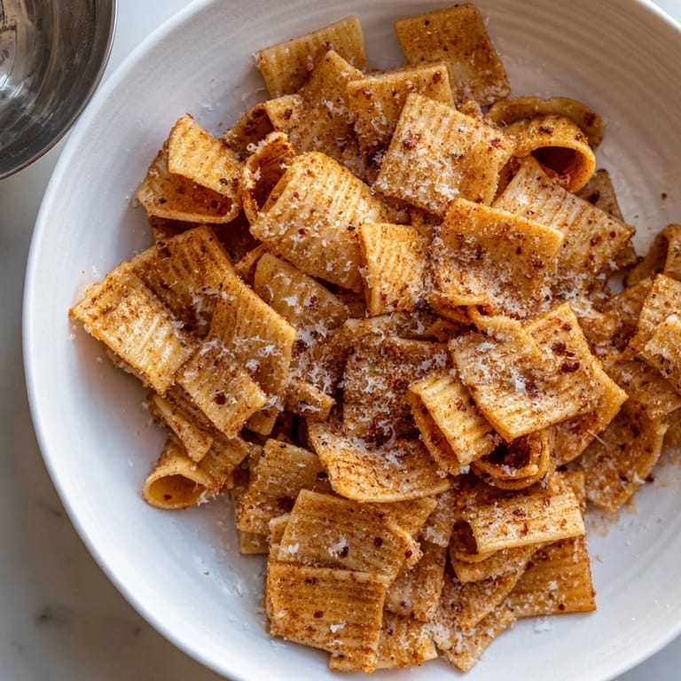 Flavorful seasoned pasta chips served with a tangy yogurt dip for extra zest.