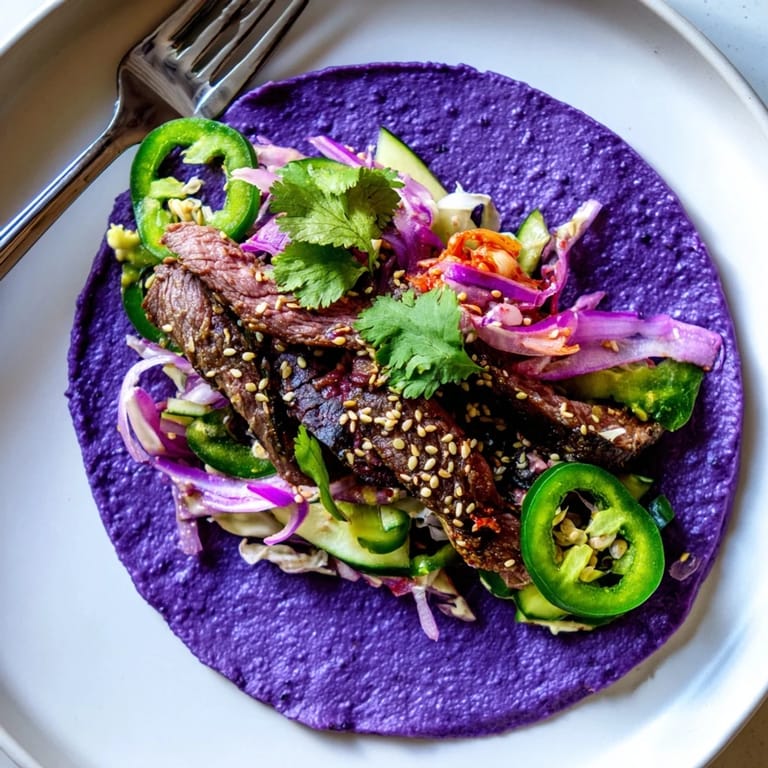 Delicious Global Street-Food Fusion Tacos drizzled with vibrant ube crema and jalapeños.