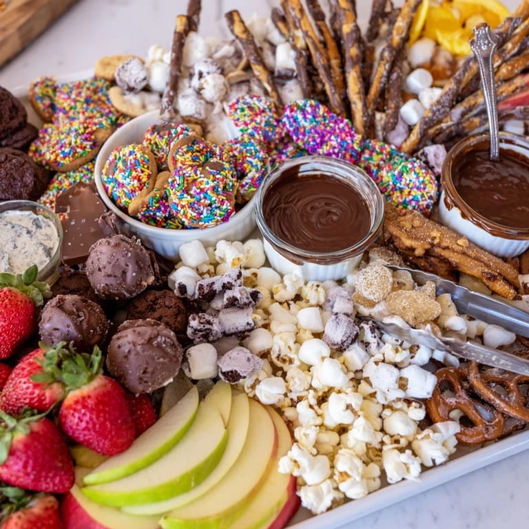 Colorful dessert board featuring themed snacks, cookies, and creamy dips for celebrations.  