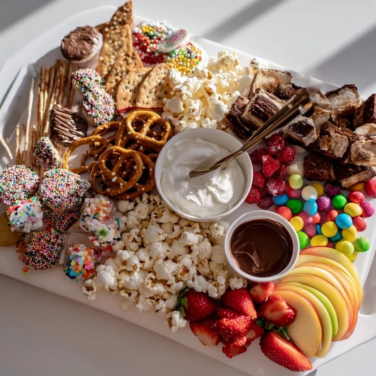 A delicious arrangement of holiday-themed snacks and fresh fruits on a dessert board.