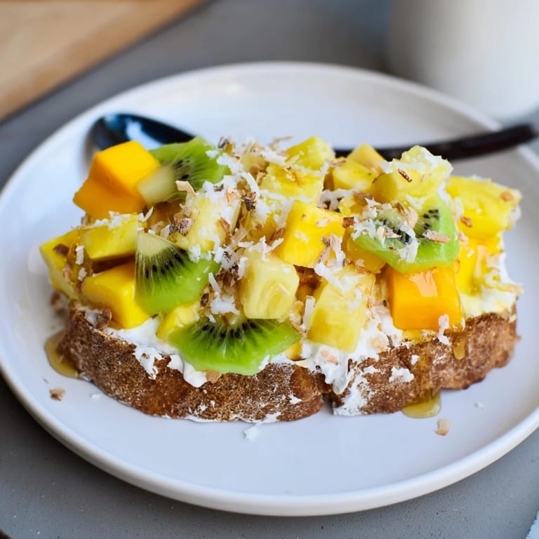 Creamy yogurt-custard toast drizzled with honey and vibrant tropical fruit toppings.  
