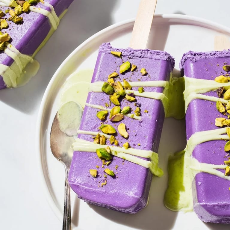 Layered ube & pistachio ice cream bars, drizzled with condensed milk and sprinkled nuts.
