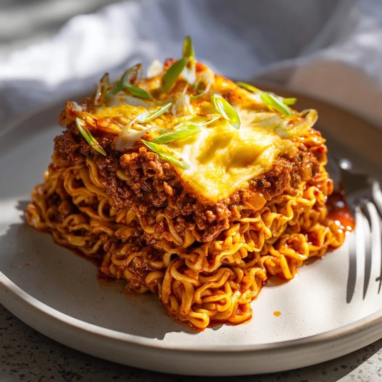 Fusion Spicy Ramen Lasagna featuring spicy ground pork and gooey melted cheese.  