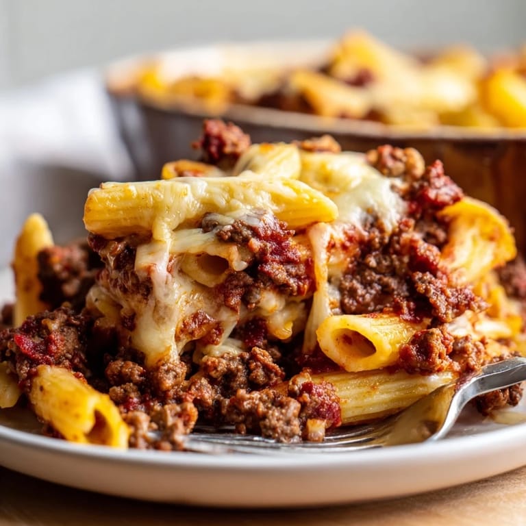 Comforting Cheesy Beef & Penne Bake served with fresh herbs and garlic bread.  