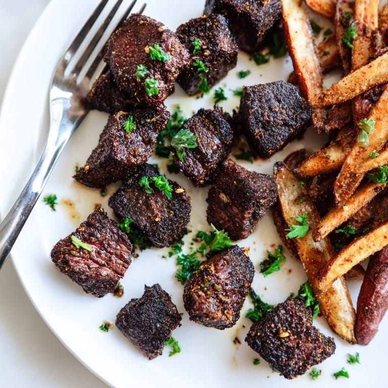 Spicy Cajun steak bites sizzling in a skillet, accompanied by golden, crispy fries.