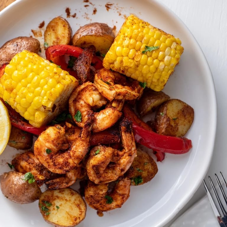 Colorful Cajun shrimp dish with sweet corn and roasted potatoes, perfect summer meal.  
