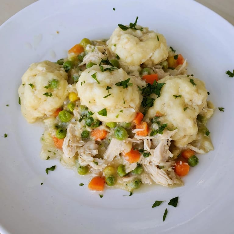 A warm, comforting image of homestyle Chicken and Dumplings Casserole with fluffy dumplings on top.